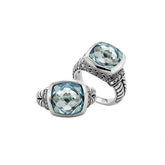 Blue Topaz Quartz and Cubic Zirconia Sterling Silver Ring for Retail, Handcrafted in Bali with a cushion-cut stone and polished finish.